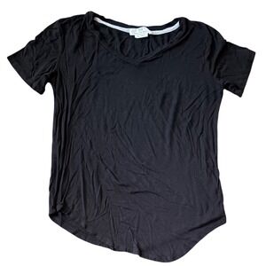 Thanx Collection Womens Black V-Neck Short Sleeve Curved Hem T-Shirt Size M
